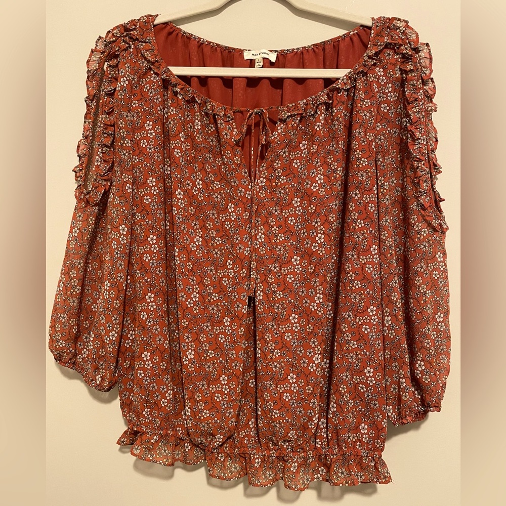 Max Studios orange floral cold shoulder blouse, 3/4 sleeves